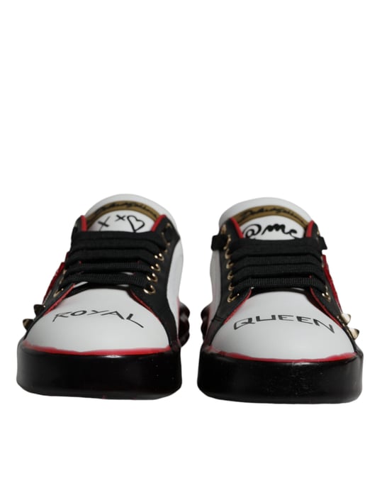 Dolce & Gabbana Weiße Rote Kristalle Leder Portofino Sneakers Schuhe - Image 2