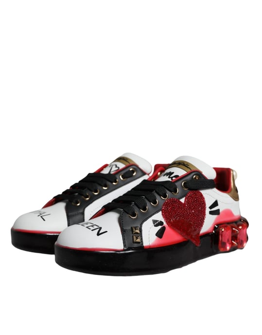 Dolce & Gabbana Weiße Rote Kristalle Leder Portofino Sneakers Schuhe - Image 3