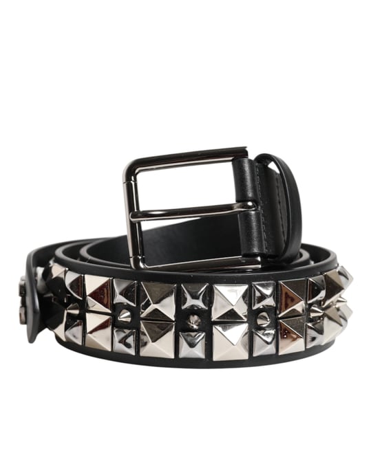 Dolce & Gabbana Schwarzer Kalbsledergürtel mit Nieten und Silberner Schnalle - Image 2