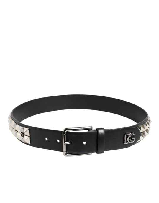 Dolce & Gabbana Schwarzer Kalbsledergürtel mit Nieten und Silberner Schnalle - Image 3