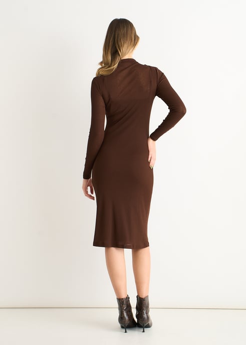 Schokoladenfarbenes gerafftes Jersey Midikleid mit langen Ärmeln - Image 4