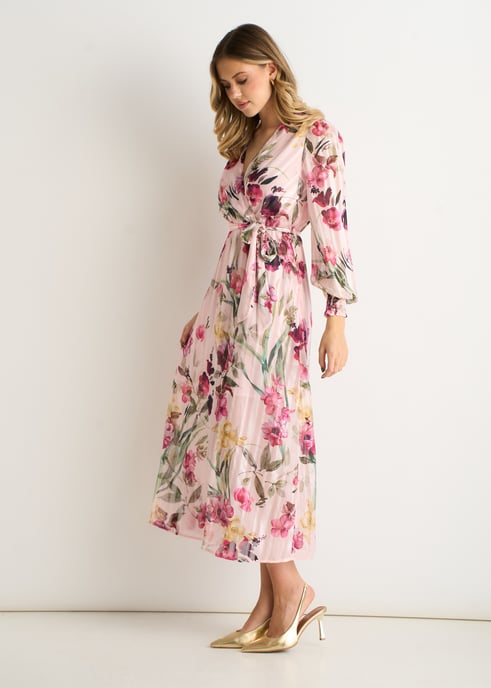 Rosa geblümtes Chiffon-Wickel-Midikleid mit Glitzer - Image 3