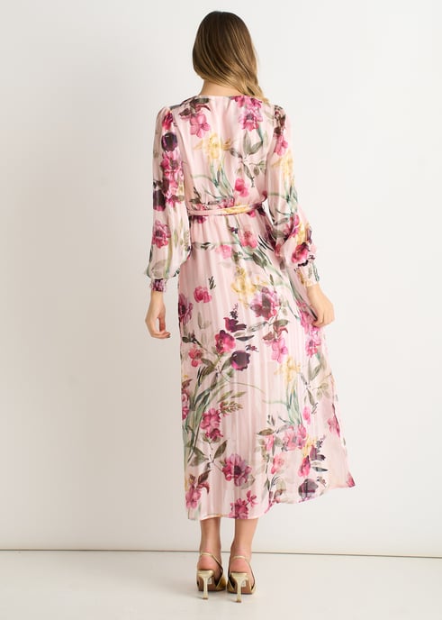 Rosa geblümtes Chiffon-Wickel-Midikleid mit Glitzer - Image 4