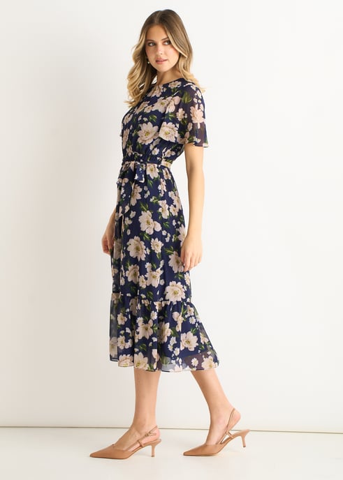 Marineblaues Midikleid mit Blumendruck und Schlaghose - Image 3