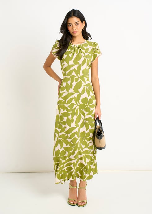 Grünes Maxikleid mit Blumenmuster und elastischer Taille - Image 1