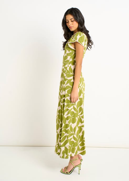 Grünes Maxikleid mit Blumenmuster und elastischer Taille - Image 3