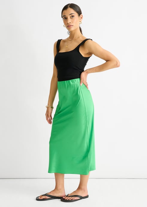 Grüner Satin Midirock mit hoher Taille - Image 3