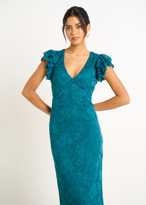 Grünes Jersey-Spitzen-Maxikleid mit V-Ausschnitt und Rüschen - Image 2