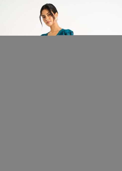 Grünes Jersey-Spitzen-Maxikleid mit V-Ausschnitt und Rüschen - Image 3