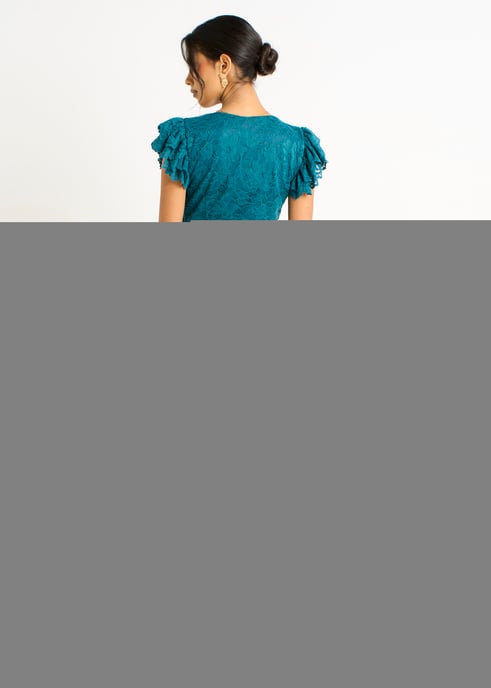 Grünes Jersey-Spitzen-Maxikleid mit V-Ausschnitt und Rüschen - Image 4