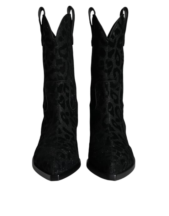 Dolce & Gabbana Schwarze Graue Leopard Cowboy-Stiefel Schuhe - Image 2