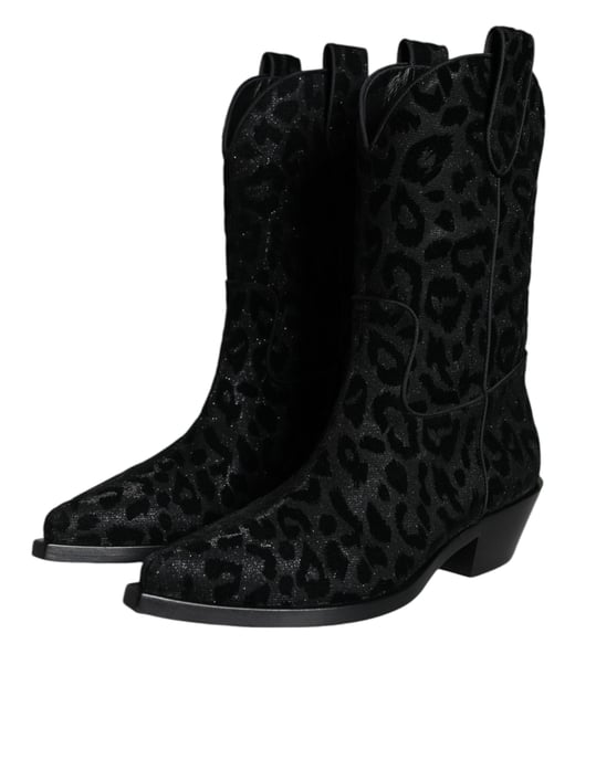 Dolce & Gabbana Schwarze Graue Leopard Cowboy-Stiefel Schuhe - Image 3