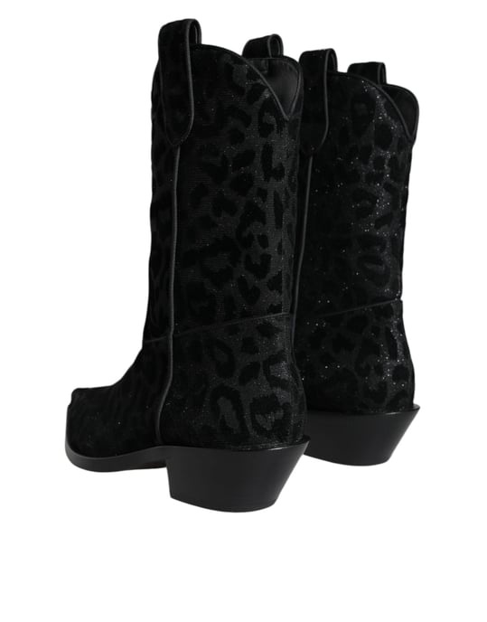 Dolce & Gabbana Schwarze Graue Leopard Cowboy-Stiefel Schuhe - Image 4