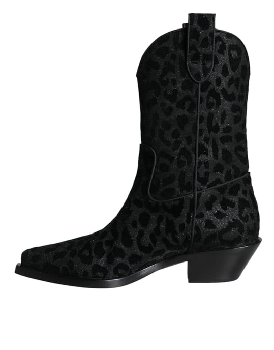 Dolce & Gabbana Schwarze Graue Leopard Cowboy-Stiefel Schuhe - Image 5