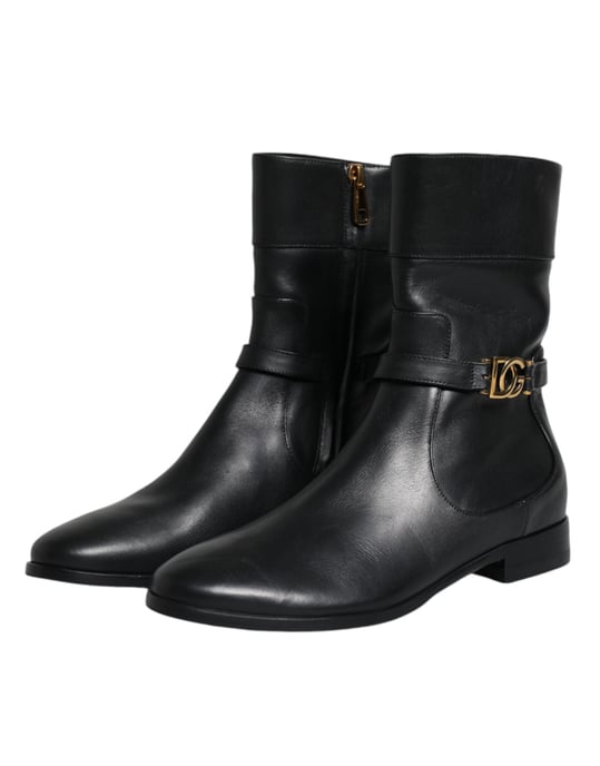 Dolce & Gabbana Schwarze Leder Logo Stiefel bis zur Wade - Image 4