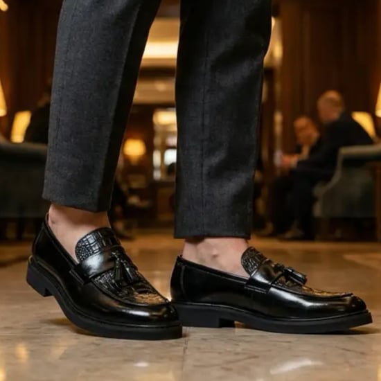 Schwarze Herren-Loafer aus Kunstleder mit Quasten und Profilsohle - Image 3