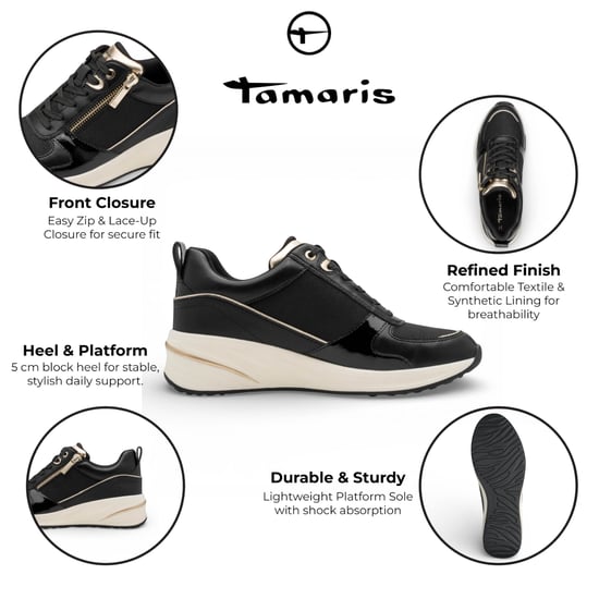 Tamaris Damen-Sneaker mit Plateau, schwarz-golden, mit Reißverschluss und Schnürung - Image 2
