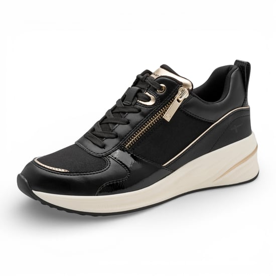 Tamaris Damen-Sneaker mit Plateau, schwarz-golden, mit Reißverschluss und Schnürung - Image 3