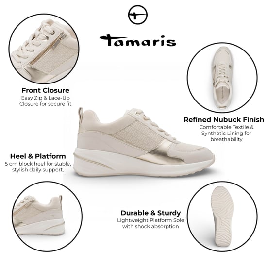 Tamaris Damen-Sneaker mit weißer und goldener Plateausohle, Reißverschluss und Schnürung - Image 2