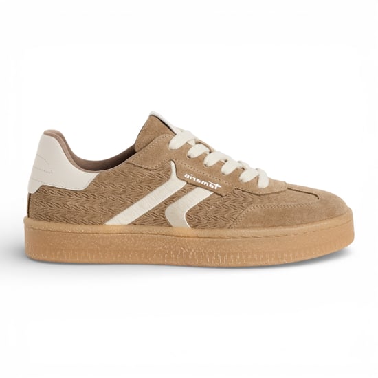 Tamaris Damen-Sneaker aus taupefarbenem Leder mit weißen Streifen - Image 1