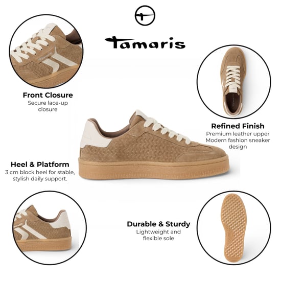 Tamaris Damen-Sneaker aus taupefarbenem Leder mit weißen Streifen - Image 2