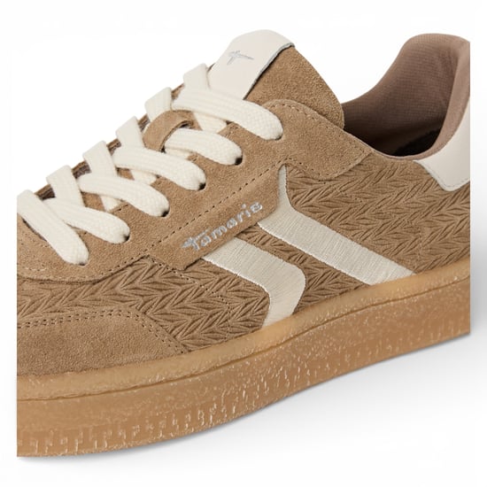 Tamaris Damen-Sneaker aus taupefarbenem Leder mit weißen Streifen - Image 5