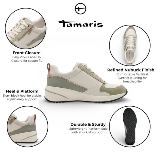 Tamaris Damen-Sneaker, weiß-grün, mit Plateau, Reißverschluss und Schnürung - Image 2