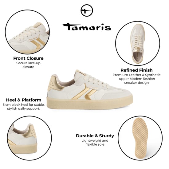 Tamaris Damen-Sneaker aus weißem Leder mit goldenen Streifen - Image 2