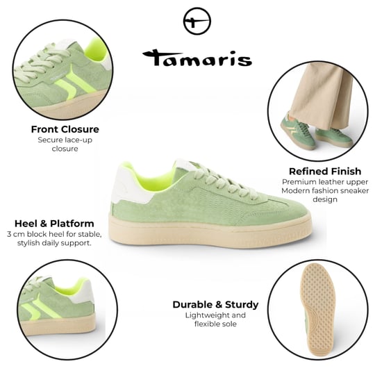 Tamaris Damen-Sneaker aus grünem Leder mit Neonstreifen - Image 2