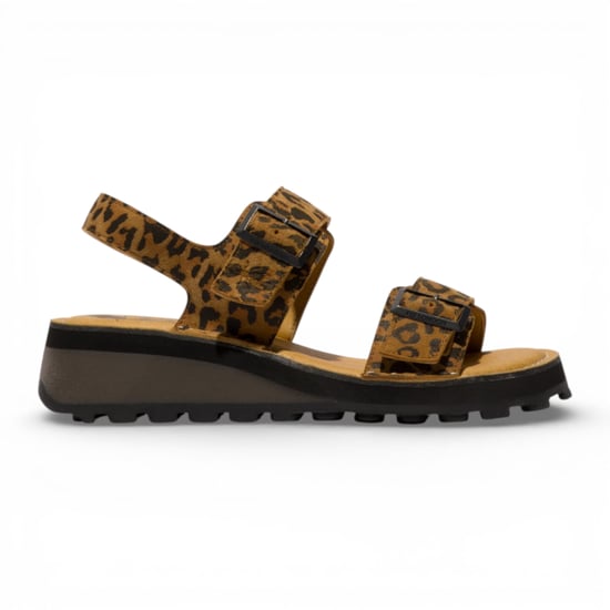 Fly London Damen-Sandalen HEIF558FLY aus hellbraunem Leder mit Keilabsatz und Schnalle, Modell Leopardenmuster. - Image 1