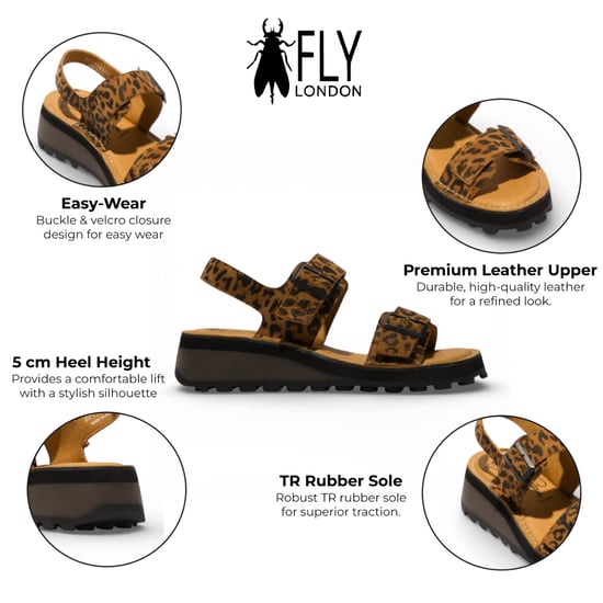 Fly London Damen-Sandalen HEIF558FLY aus hellbraunem Leder mit Keilabsatz und Schnalle, Modell Leopardenmuster. - Image 2