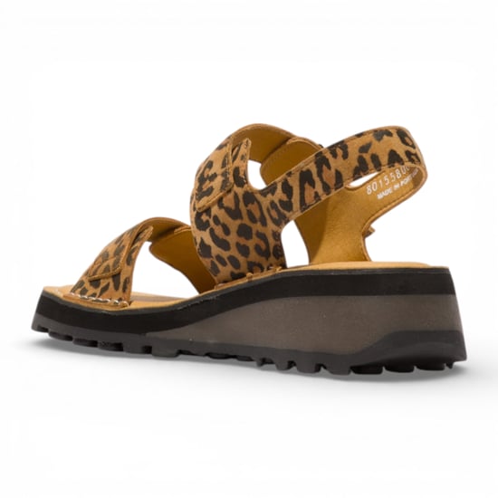 Fly London Damen-Sandalen HEIF558FLY aus hellbraunem Leder mit Keilabsatz und Schnalle, Modell Leopardenmuster. - Image 4