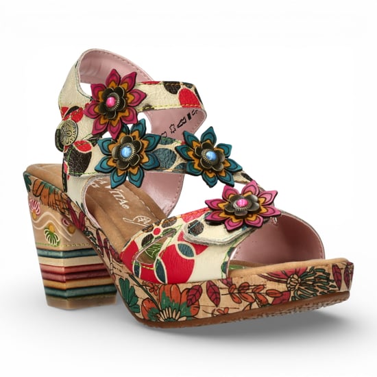Laura Vita Damen-Espadrilles „Marlene 12“ aus beigefarbenem Leder mit Blumenmuster und Keilabsatz - Image 3
