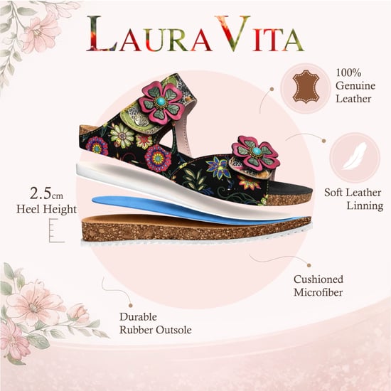 Laura Vita Damen-Sandalen Brcyano 32, schwarz, mit Blumenmuster, aus Leder, Riemchen - Image 2