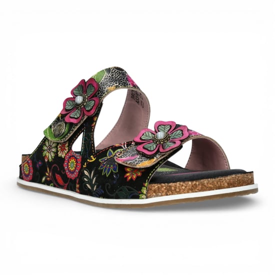 Laura Vita Damen-Sandalen Brcyano 32, schwarz, mit Blumenmuster, aus Leder, Riemchen - Image 3