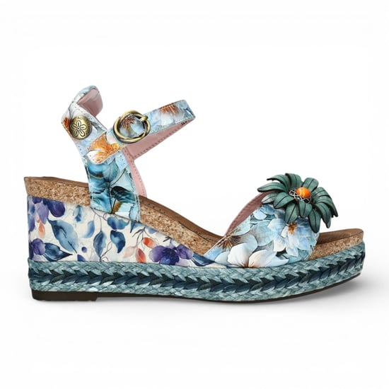 Laura Vita Damen-Espadrilles Facyo 75 aus blauem Leder mit Blumenmuster und Keilabsatz - Image 1