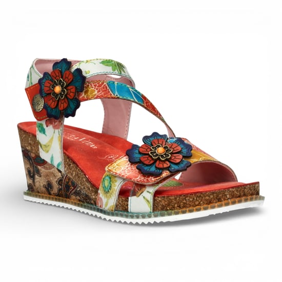 Laura Vita Damen-Espadrilles „Bonito 32“ aus orangefarbenem Leder mit Blumenmuster und Keilabsatz - Image 3