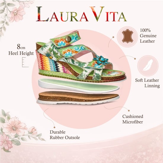 Laura Vita Damen Balade 32 Vert Grün Blumenmuster Leder Keil Espadrille Sandalen - Image 2