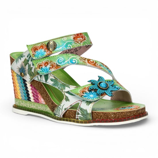 Laura Vita Damen Balade 32 Vert Grün Blumenmuster Leder Keil Espadrille Sandalen - Image 3