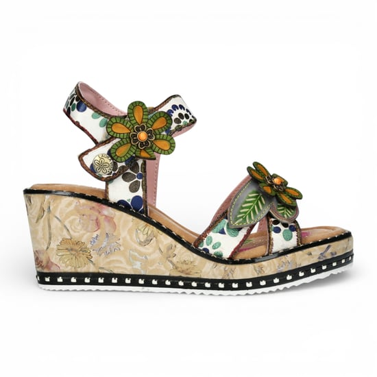 Laura Vita Damen Ballon 08 Beige Espadrille-Sandalen aus Leder mit Keilabsatz und Blumenmuster - Image 1