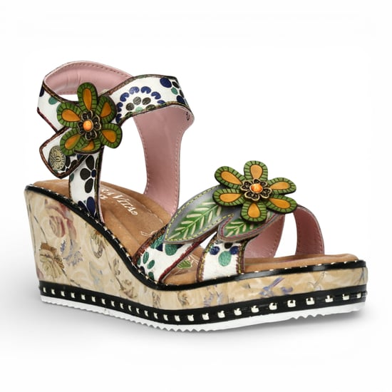 Laura Vita Damen Ballon 08 Beige Espadrille-Sandalen aus Leder mit Keilabsatz und Blumenmuster - Image 3
