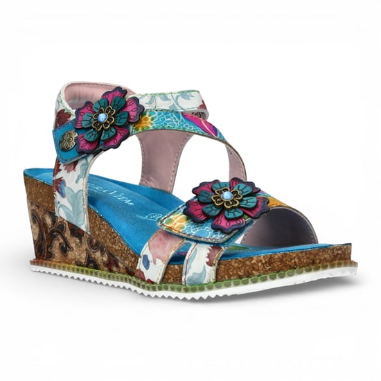 Laura Vita Damen-Espadrilles „Bonito 32“ aus türkisblauem Leder mit Blumenmuster und Keilabsatz - Image 3