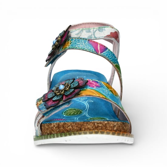 Laura Vita Damen-Espadrilles „Bonito 32“ aus türkisblauem Leder mit Blumenmuster und Keilabsatz - Image 4
