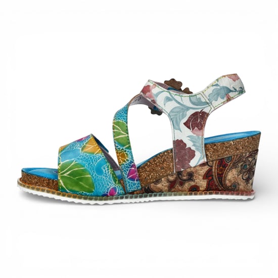 Laura Vita Damen-Espadrilles „Bonito 32“ aus türkisblauem Leder mit Blumenmuster und Keilabsatz - Image 5