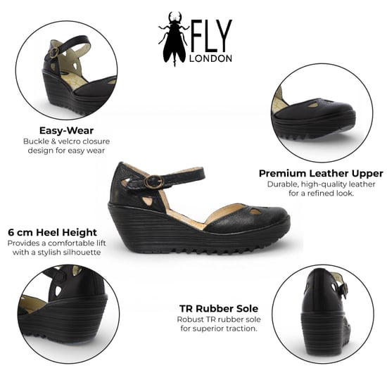 Fly London Damen-Keilsandalen „Yuna“ aus schwarzem Leder - Image 2