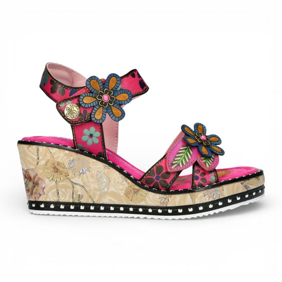 Laura Vita Damen Ballon 08 Espadrilles-Sandalen aus fuchsiafarbenem Leder mit Blumenmuster und Keilabsatz - Image 1