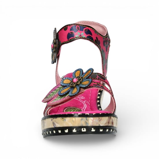 Laura Vita Damen Ballon 08 Espadrilles-Sandalen aus fuchsiafarbenem Leder mit Blumenmuster und Keilabsatz - Image 4