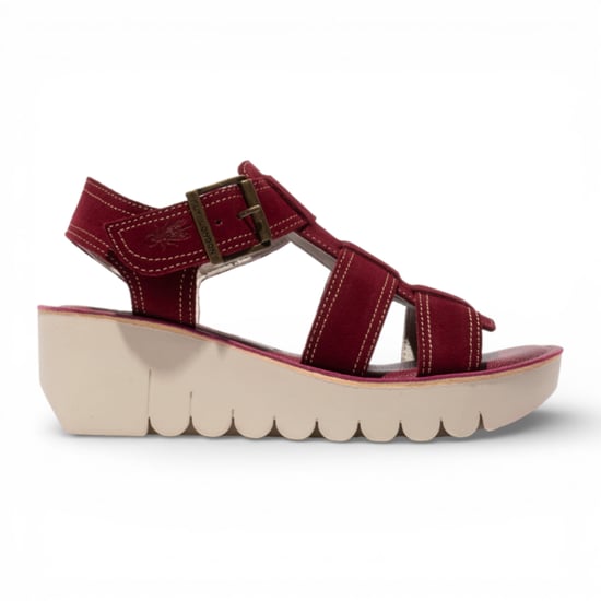 Fly London Damen-Keilsandalen YUDD236FLY aus beerenrotem Leder - Image 1