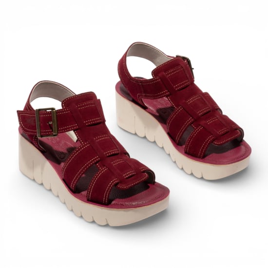 Fly London Damen-Keilsandalen YUDD236FLY aus beerenrotem Leder - Image 5