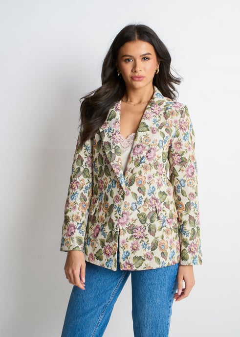 Beige Floral Jacquard Tailored Jacket - Image 2